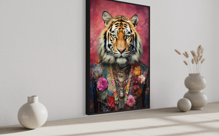 Whimsical Tiger In Pink Suit Fashion Framed Canvas Wall Art