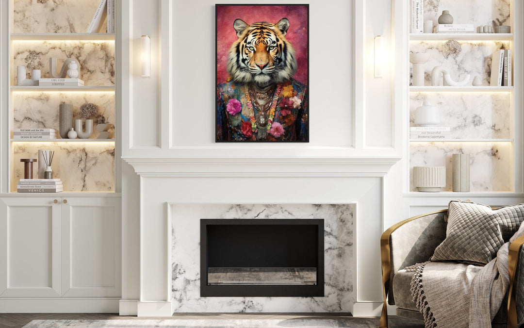 Whimsical Tiger In Pink Suit Fashion Framed Canvas Wall Art