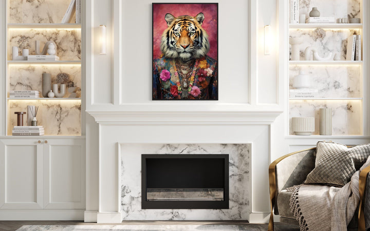 Whimsical Tiger In Pink Suit Fashion Framed Canvas Wall Art