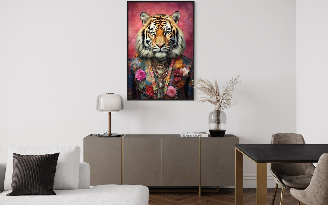 Whimsical Tiger In Pink Suit Fashion Framed Canvas Wall Art