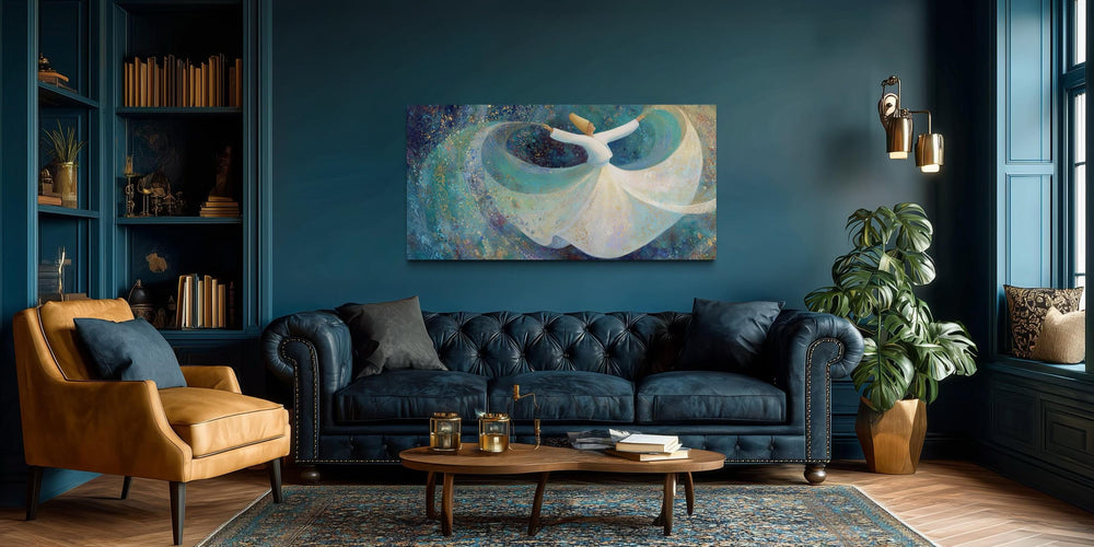 Large horizontal canvas wall art of a whirling dervish in white over a teal blue living room sofa.