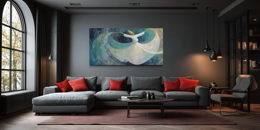 Large Whirling Dervish canvas wall art featuring a spiritual dance in teal blue and white.