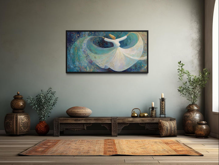 Whirling Dervish wall art featuring a spiritual dancer in a white robe on a teal blue background.