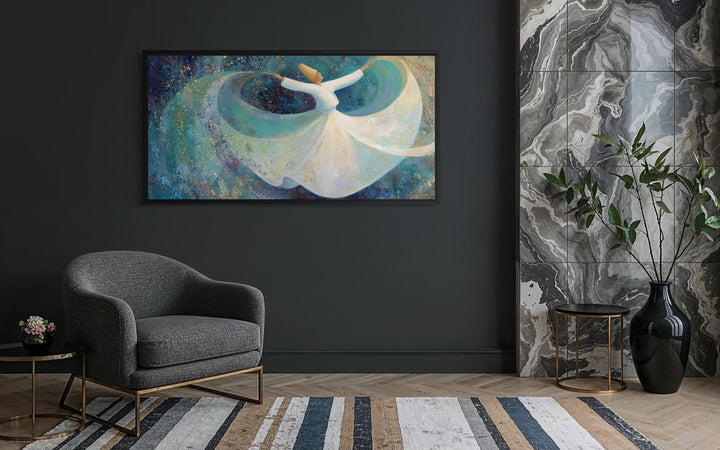 Whirling Dervish wall art featuring a spiritual dancer in a white robe on a teal blue background.