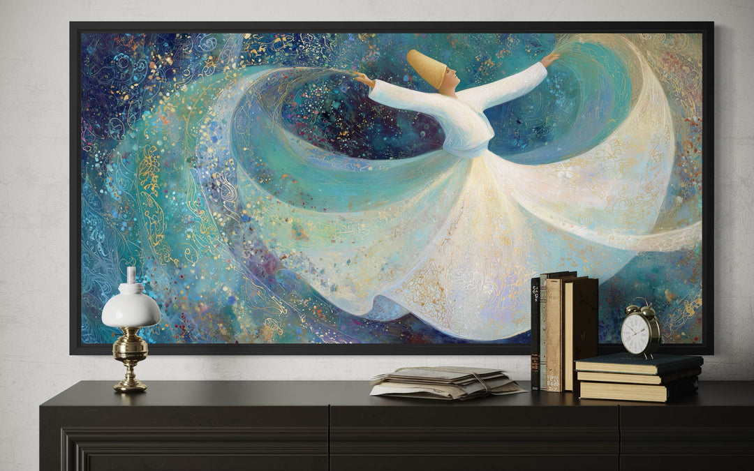 Whirling dervish wall art featuring a spiritual dancer in a white robe on a teal blue background.