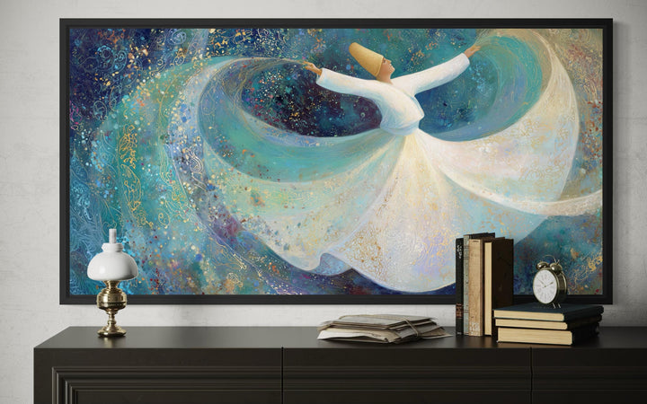 Whirling dervish wall art featuring a spiritual dancer in a white robe on a teal blue background.