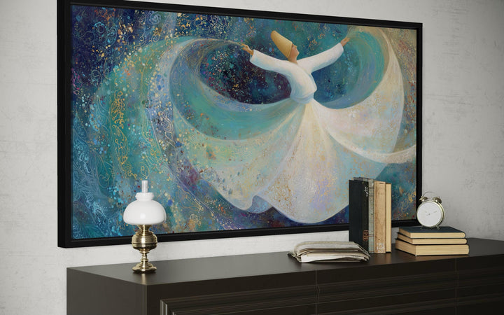 Whirling dervish wall art featuring a spiritual dancer in a white robe on a teal blue background.