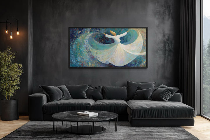 Whirling Dervish wall art featuring a spiritual dancer in a white robe on a teal blue canvas.