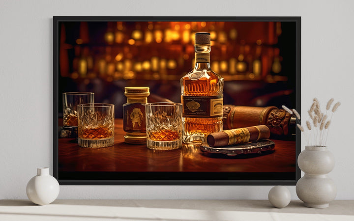 Whiskey And Cigar Bar Framed Canvas Wall Art