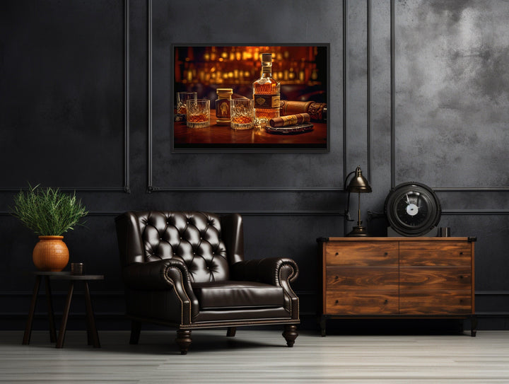 Whiskey And Cigar Bar Framed Canvas Wall Art