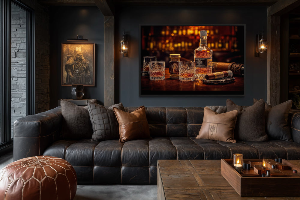 Whiskey And Cigar Framed Canvas Wall Art For Man Cave Or Home Bar
