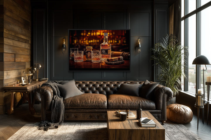 Whiskey And Cigar Framed Canvas Wall Art For Man Cave Or Home Bar