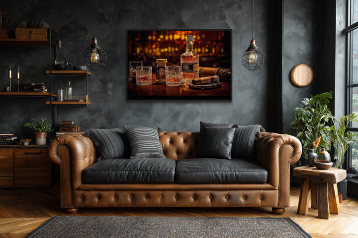 Whiskey And Cigar Framed Canvas Wall Art For Man Cave Or Home Bar