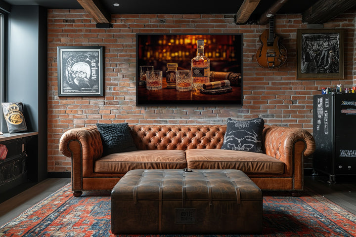 Whiskey And Cigar Framed Canvas Wall Art For Man Cave Or Home Bar