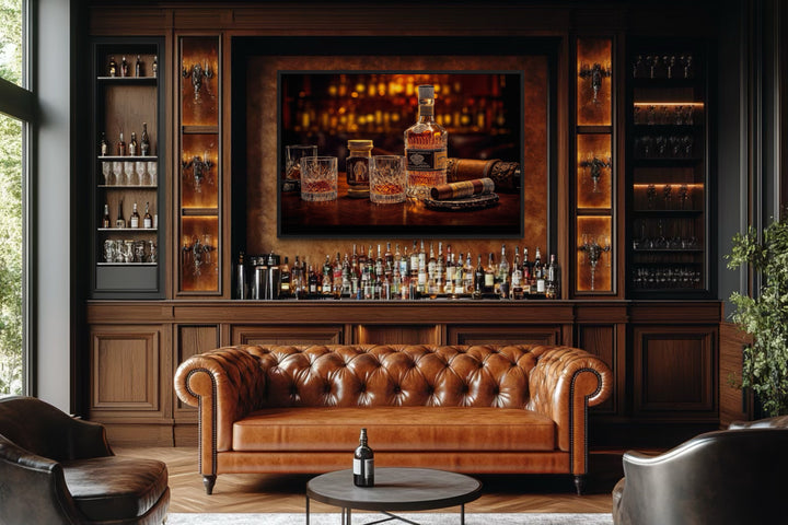 Whiskey And Cigar Framed Canvas Wall Art For Man Cave Or Home Bar