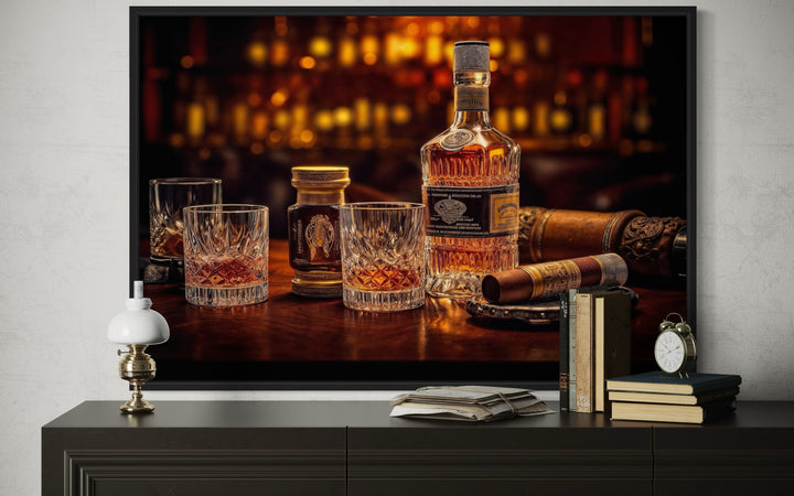 Whiskey And Cigar Framed Canvas Wall Art For Man Cave Or Home Bar