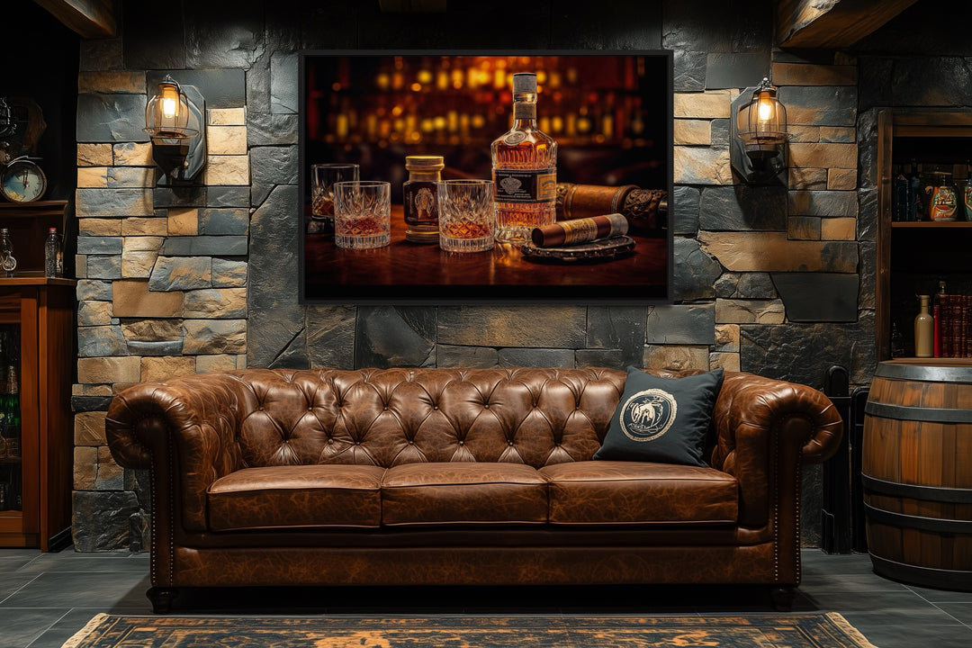 Whiskey And Cigar Framed Canvas Wall Art For Man Cave Or Home Bar