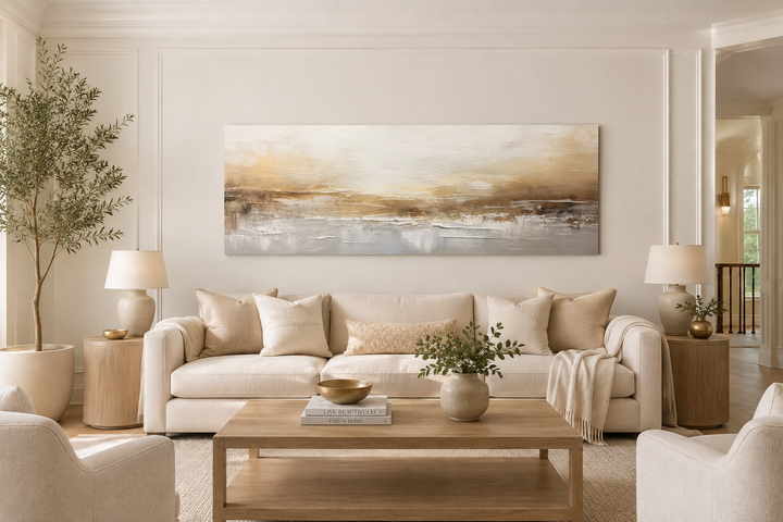 Long horizontal white and gold abstract painting on canvas hanging above a neutral sofa.