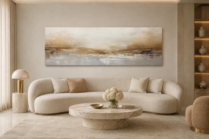 White and gold abstract long narrow canvas wall art hanging above a curved white sofa.
