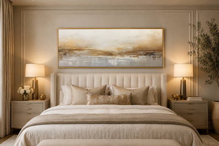 Long narrow white and gold abstract painting in a gold frame hanging over a bed in a neutral room.