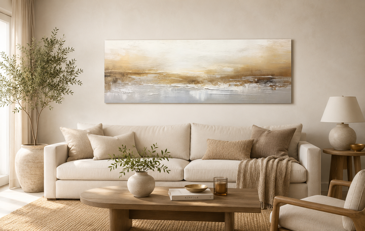 White and gold abstract long narrow canvas wall art hanging over a neutral sofa in a living room.