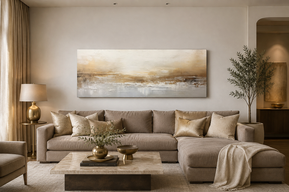 White and gold abstract long narrow canvas wall art hanging above a neutral-toned sofa.