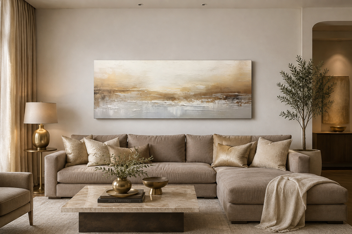 White and gold abstract long narrow canvas wall art hanging above a neutral-toned sofa.