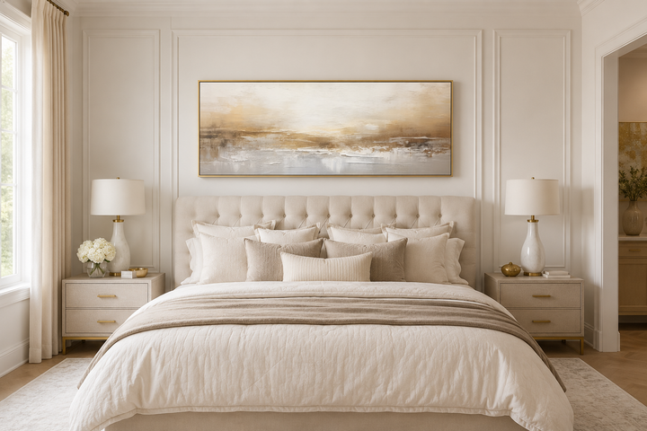 White and gold abstract long narrow canvas wall art hanging over a bed in a neutral bedroom.