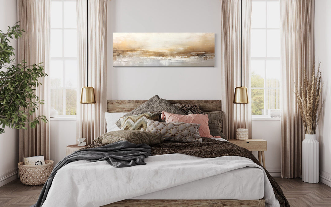 White And Gold Abstract Long Narrow Over Bed Wall Art