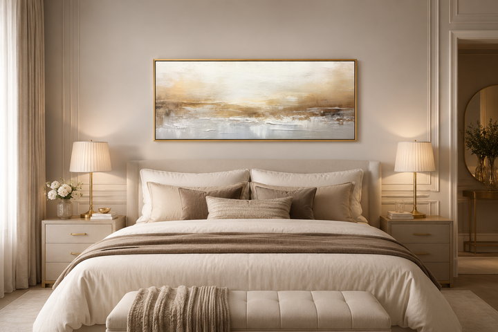 White and gold abstract long narrow canvas wall art hanging over a bed in a neutral bedroom.