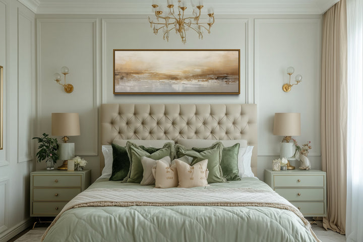 White And Gold Abstract Long Narrow Over Bed Wall Art