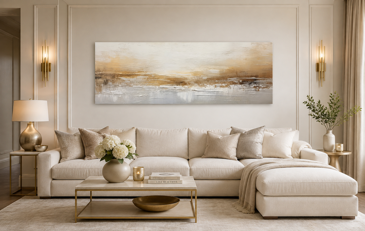 Long horizontal white and gold abstract canvas wall art hanging above a neutral sofa.