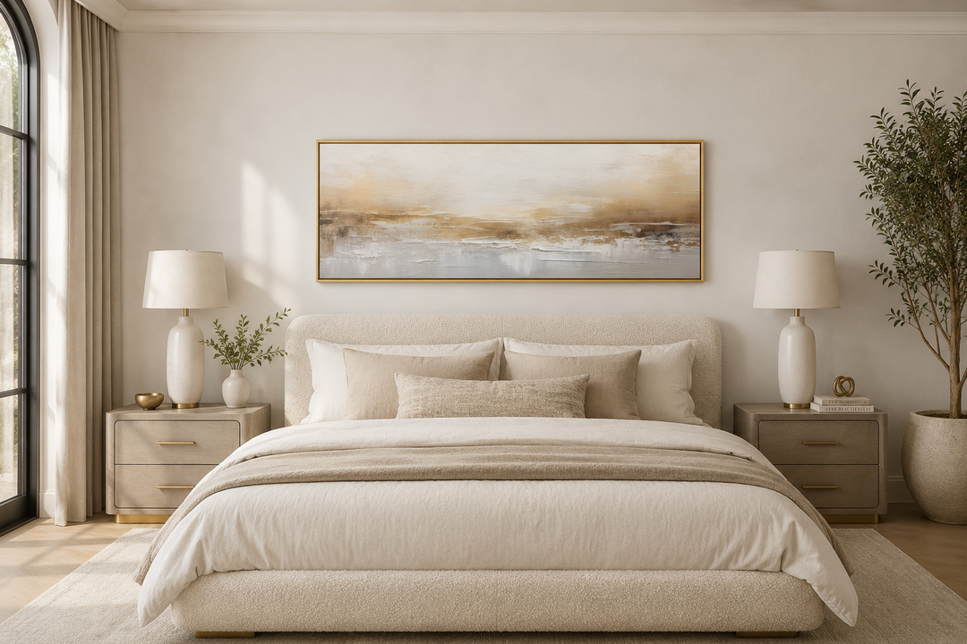 Long narrow horizontal abstract painting with white and gold tones hanging over a bed.