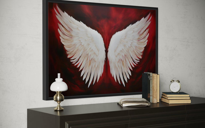 White Angel Wings Canvas Wall Art on Red Background