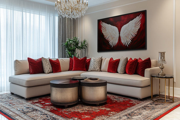 White Angel Wings Canvas Wall Art on Red Background