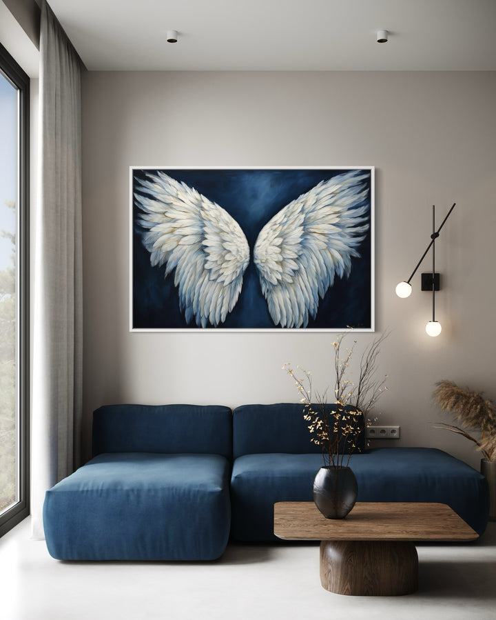 White Angel Wings On Blue Background Framed Canvas Wall Art