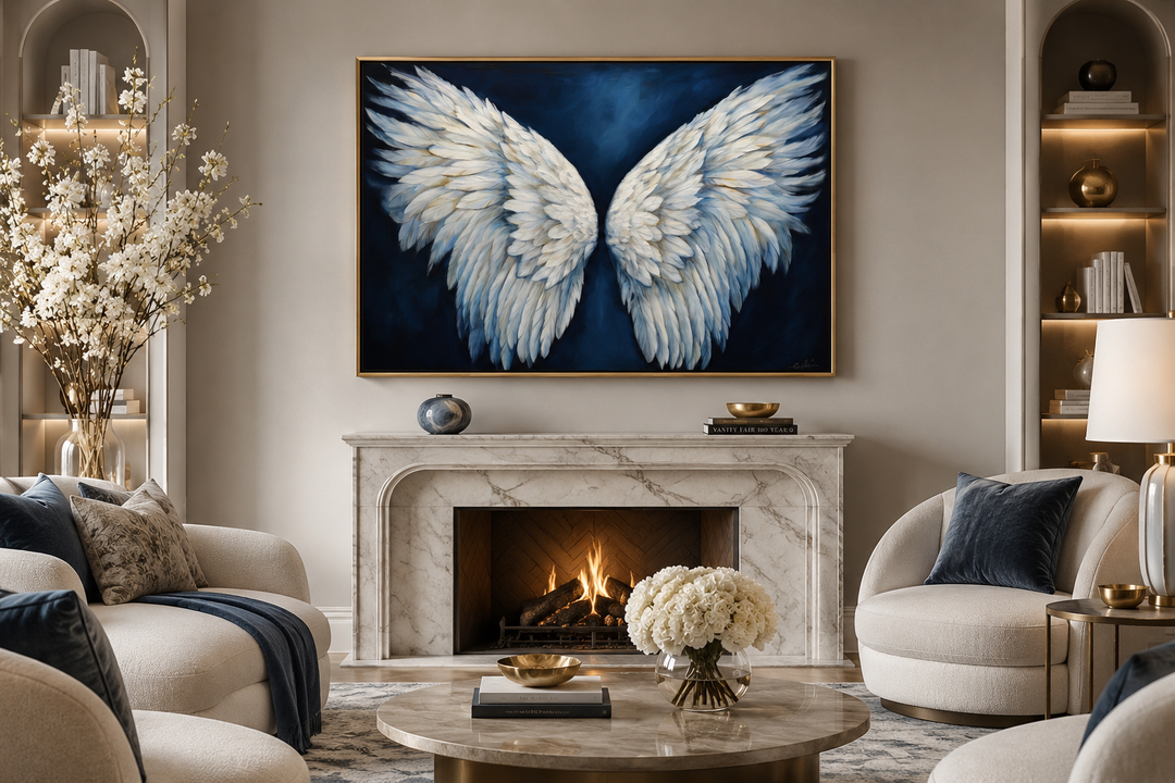 Framed canvas wall art of white angel wings on a dark blue background above a marble fireplace.