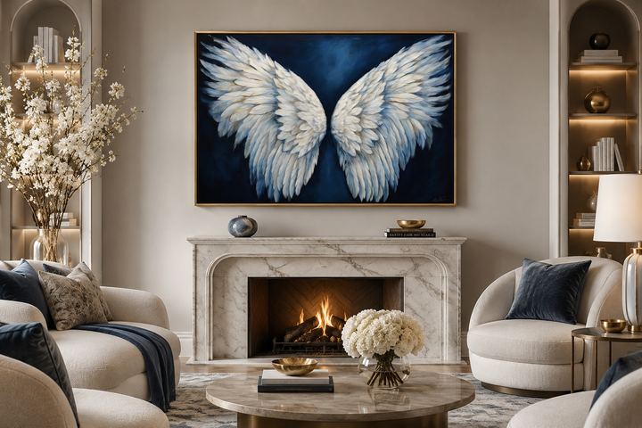 Framed canvas wall art of white angel wings on a dark blue background above a marble fireplace.