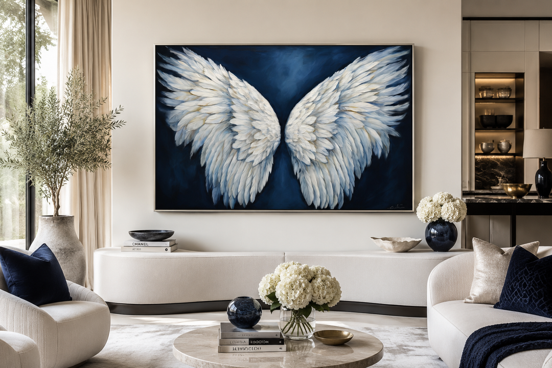 White angel wings on a dark blue background framed canvas wall art in a modern living room.