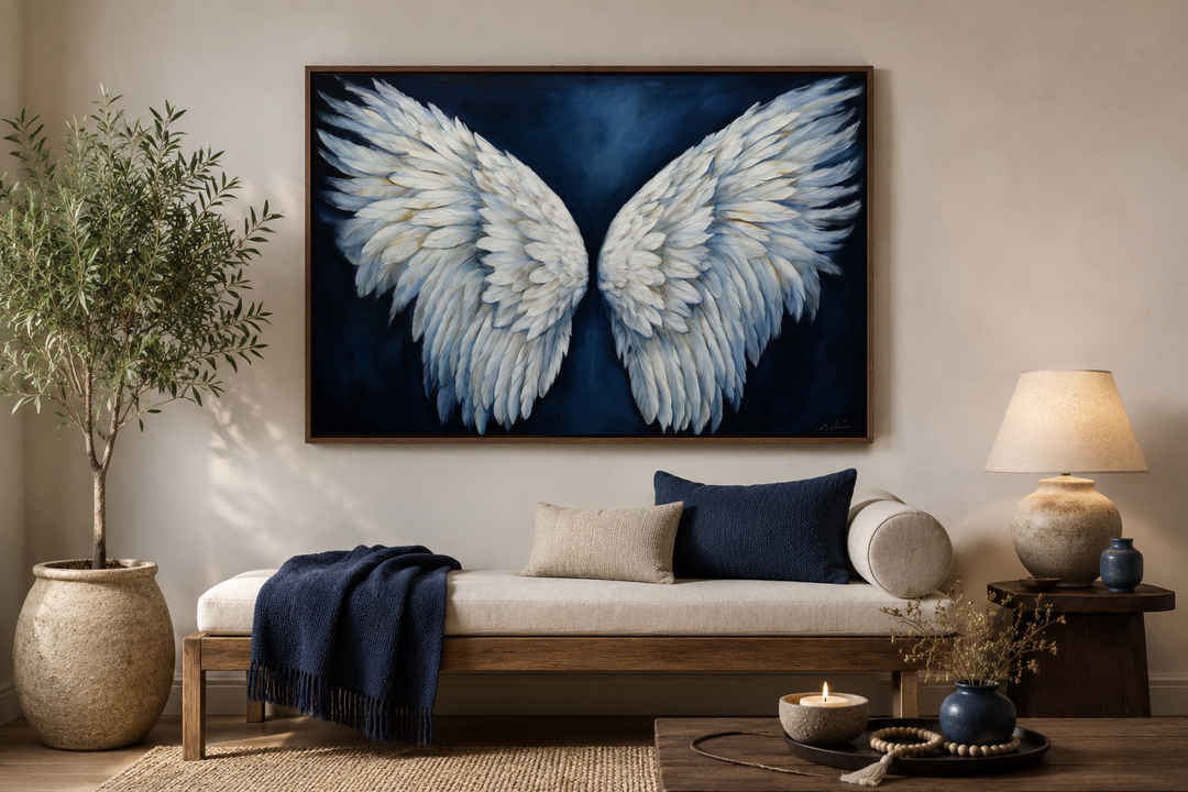 White angel wings on blue background framed canvas wall art above a neutral daybed.