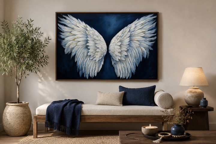 White angel wings on blue background framed canvas wall art above a neutral daybed.