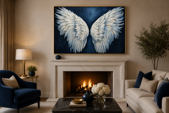 Framed canvas wall art of white angel wings on a blue background above a fireplace in a living room.