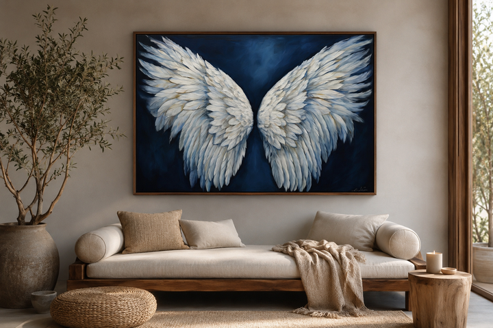 White angel wings on blue background framed canvas wall art above a neutral daybed in a living room.