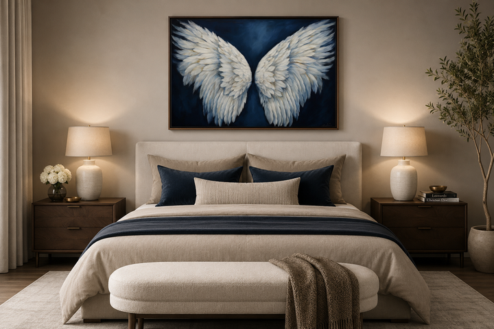 White angel wings on blue background framed canvas wall art hanging above a bed in a bedroom.