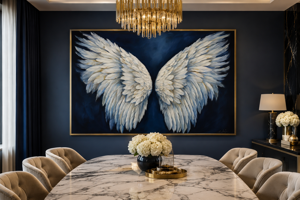 Framed canvas wall art of white angel wings on a dark blue background above a marble dining table.