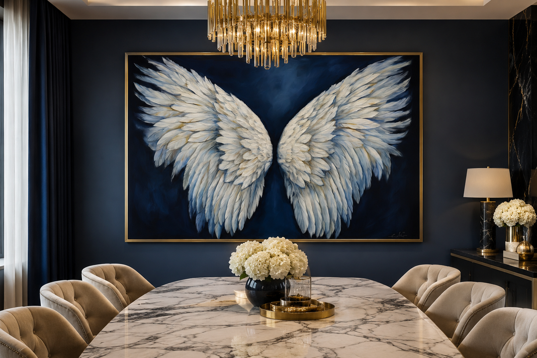 Framed canvas wall art of white angel wings on a dark blue background above a marble dining table.