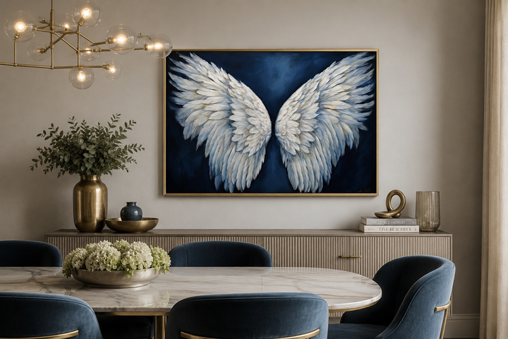 White angel wings on a dark blue background framed canvas wall art above a dining room sideboard.