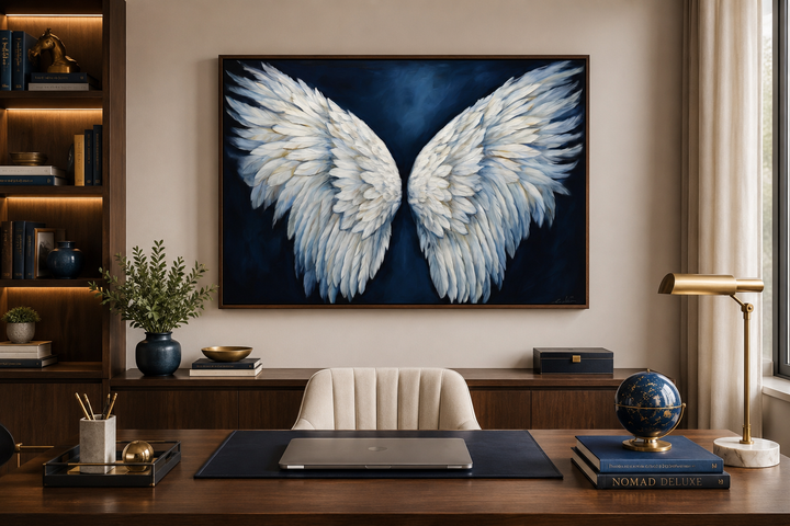 Framed canvas wall art of white angel wings on a dark blue background above a wooden desk.