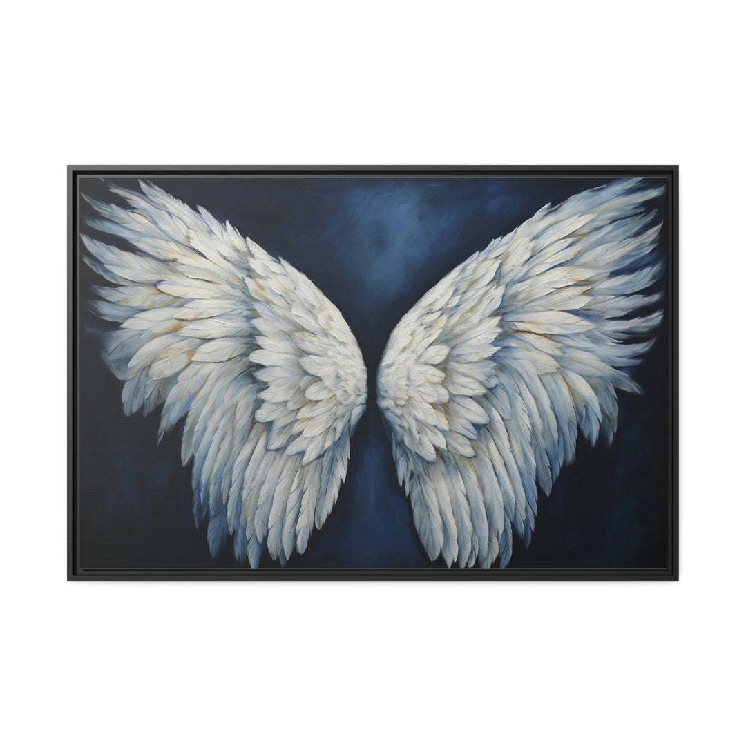 White Angel Wings On Blue Background Framed Canvas Wall Art