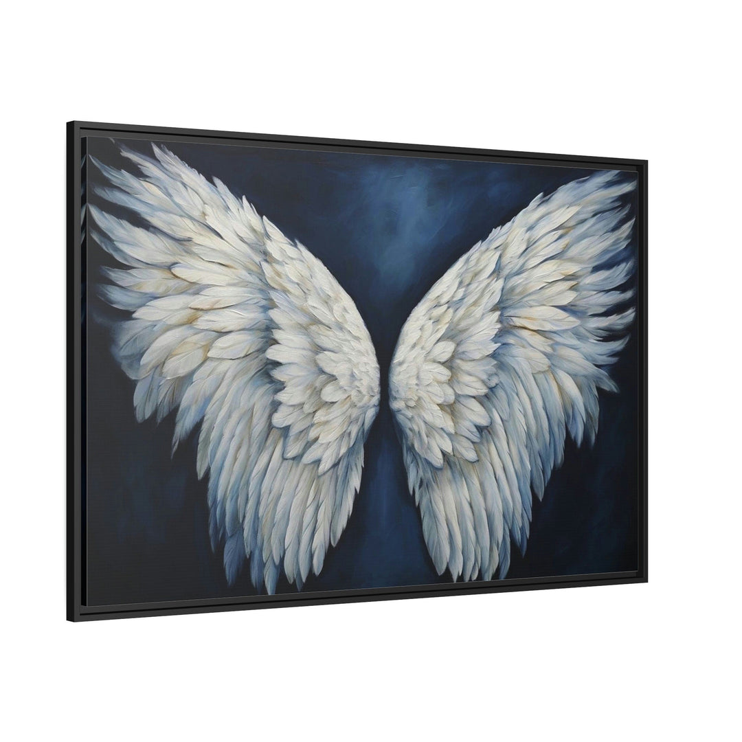 White Angel Wings On Blue Background Framed Canvas Wall Art